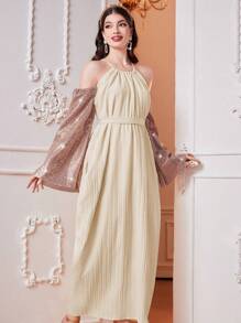 Modelyn Women'S Shiny Long Sleeve Off Shoulder Dress Long Evening Dresses - Apricot - View 3