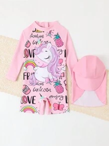 Baby Girl Cartoon Letter Printed One-Piece Swimsuit - Pink - View 4