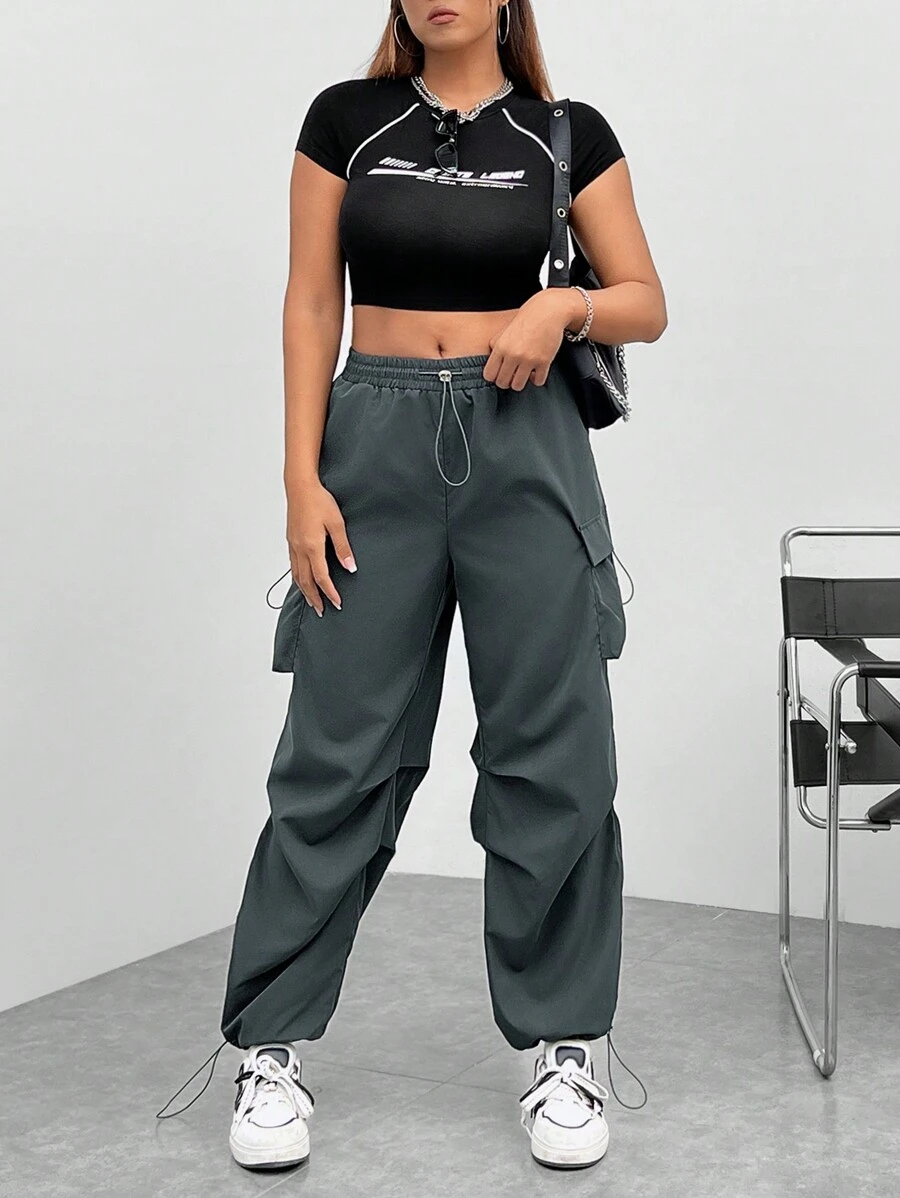 SHEIN EZwear Pantalones De Carga De Cintura Con Cordón De Talla Grande - Gris Oscuro - Ver 1
