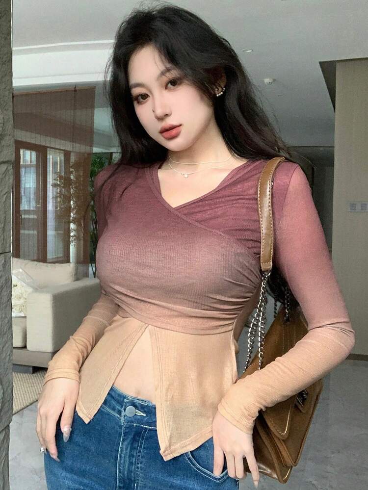 Women's Ombre Criss Cross Front Wrap Split T-Shirt Long Sleeve Women Tops