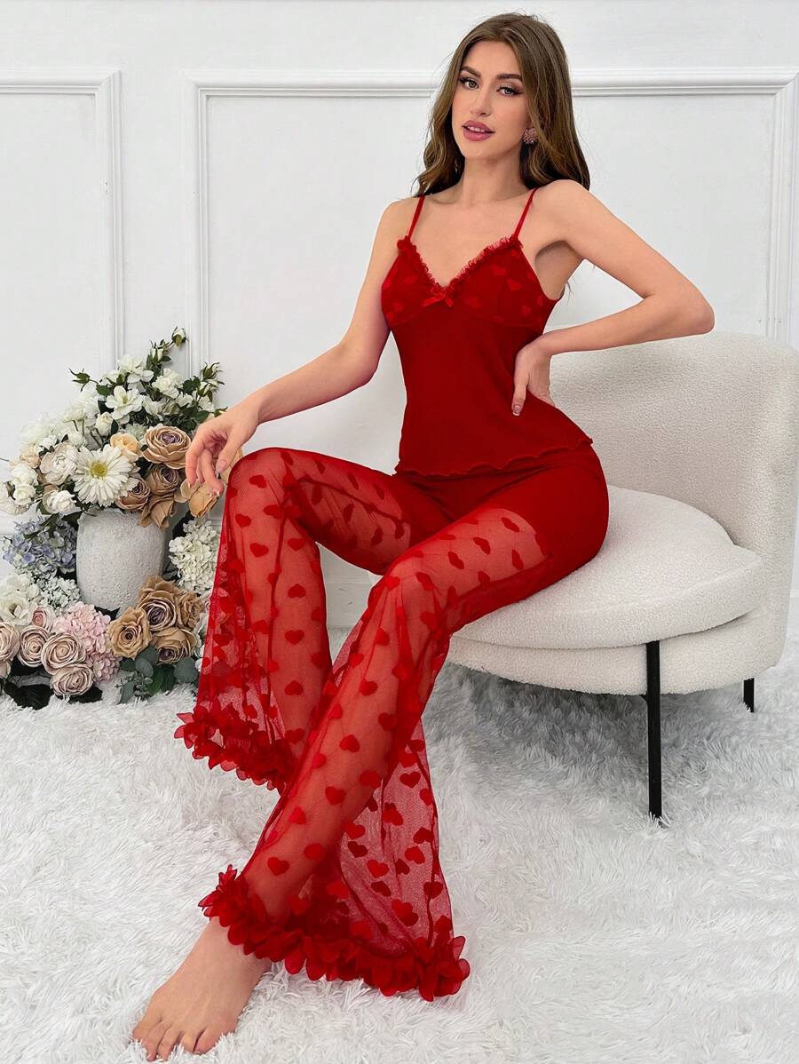 女性用 ファッショナブルなハート柄のキャミソールトップ&パンツ カジュアルパジャマセット - バーガンディ - チェックする 1