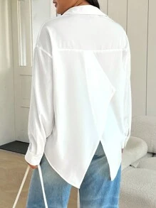 SHEIN Essnce 女式大码不对称背部休闲宽松长袖衬衫，适合春夏季