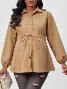 SHEIN Maternity Blouses Kolor Tombol Depan Plain Casual - Khaki - View 5