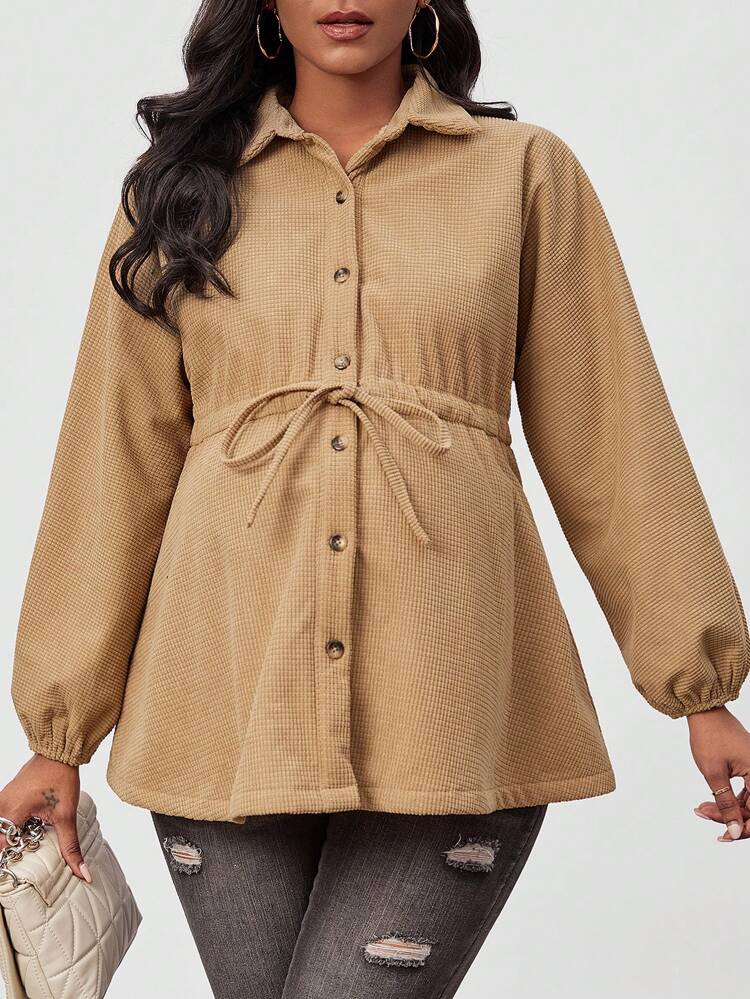 Maternity Waist Drawstring Detail Waffle Plaid Shirt