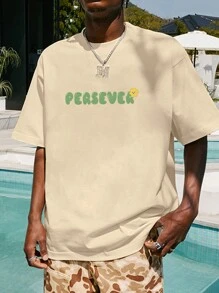 Men Slogan Graphic Drop Shoulder Tee - Apricot - View 4