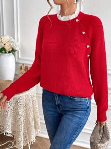 SHEIN Frenchy 宽松毛衣，带孔眼刺绣荷叶边领和心形纽扣装饰情人节毛衣 - 紅色 - 查看 4