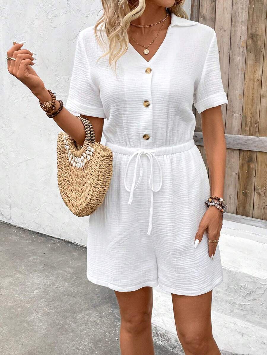 SHEIN LUNE Mameluco Con Cordón Y Textura Para Mujer - Blanco - Ver 1