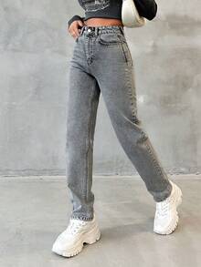 SHEIN PETITE DENIM STRAIGHT LEG SNOW WASH JEANS - Light Grey - View 3