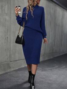 立領長袖毛衣和裙子套裝 - 藍色 - 查看 5