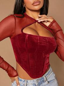 SHEIN SXY Top de corsé ajustado con contraste de terciopelo rojo y malla - Rojo - Ver 5