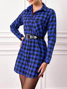 SHEIN Cottnline Women's Plaid Shirt Dress - Royal Blue - View 5