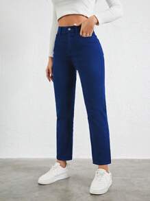 RueChic Màu thuần Thẳng Quần denim - Rửa tối - Xem 5