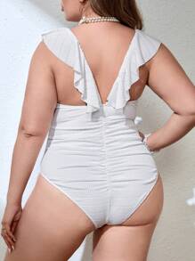 SHEIN Swim Curve 大码女士荷叶边连体泳衣夏季 - 米色 - 查看 1