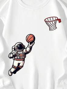 Men's Astronaut Playing Basketball Print Round Neck Sweatshirt - White - View 5