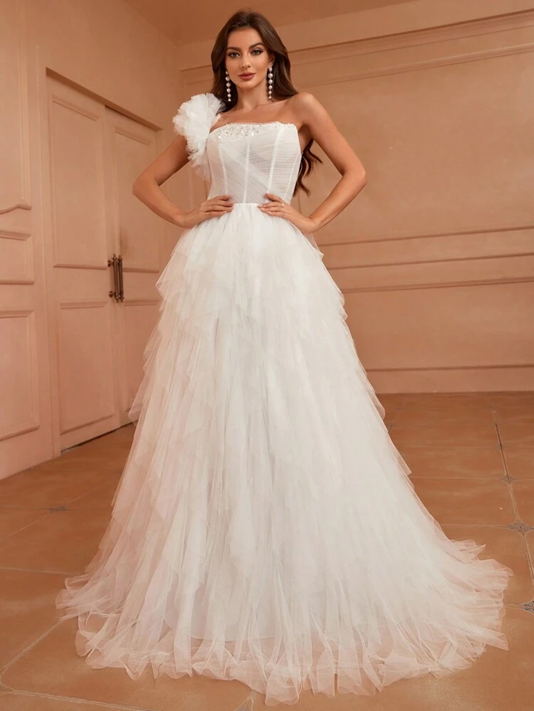 Fish Bone Design, One-Shoulder 3D Flower, Fairy Lotus Leaf Hem, Wedding Dress