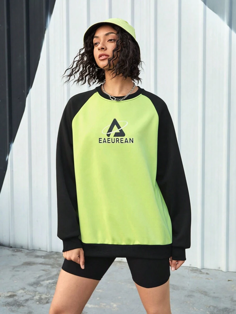 Gameset SHEIN Sport Sudadera Deportiva Para Mujer Con Mangas Raglán, Bloques De Colores Impresos Con Letras - Verde - Ver 1