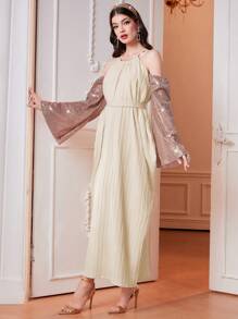 Modelyn Women'S Shiny Long Sleeve Off Shoulder Dress Long Evening Dresses - Apricot - View 5