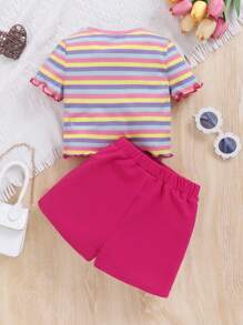 SHEIN Young Girl Daily Sweet And Cool Striped Round Neck Short-Sleeved Top And Skirt