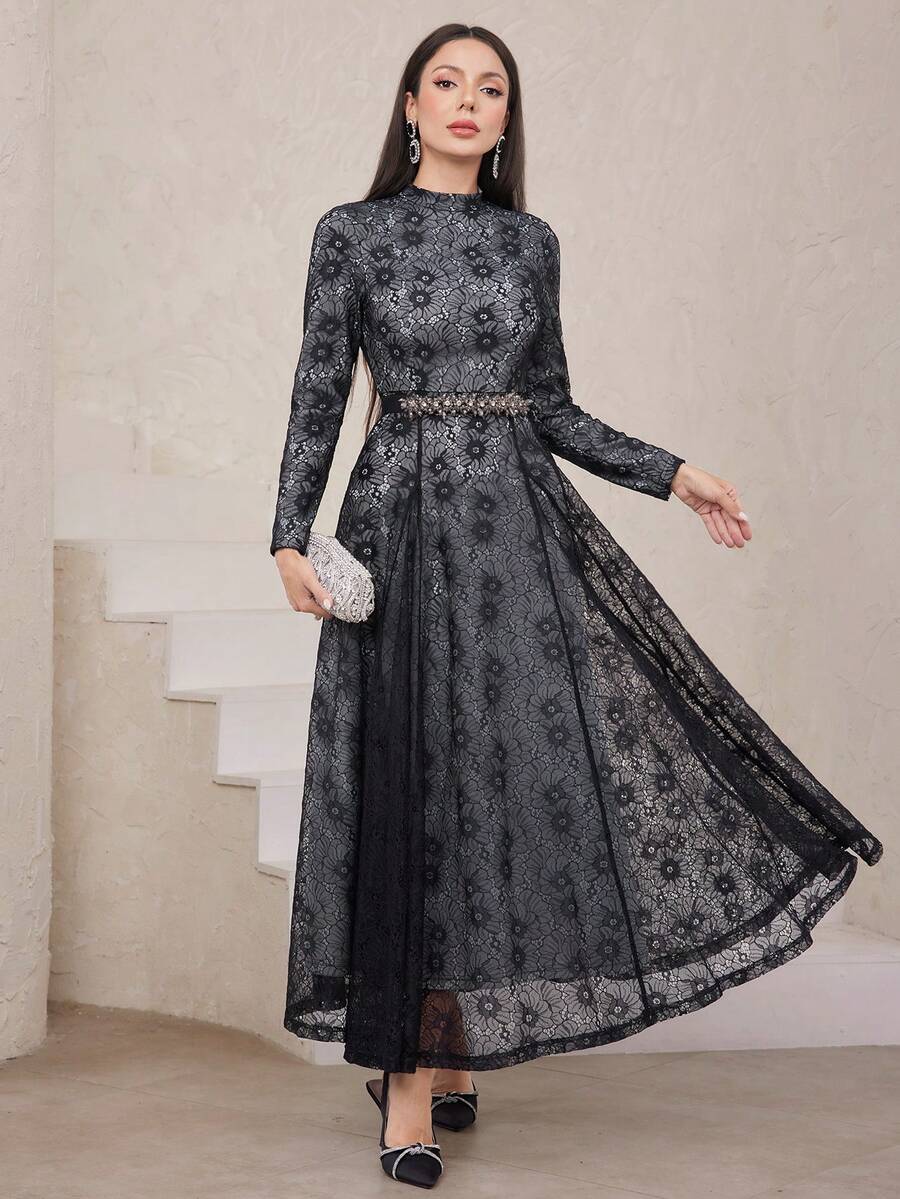 Modelyn Women'S Floral Pattern Stand Collar Arab Style Long Sleeve Dress - Black - View 1