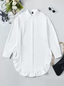 SHEIN LUNE 女士纯色荷叶边装饰纽扣前襟女式衬衫 - 白色 - 查看 5