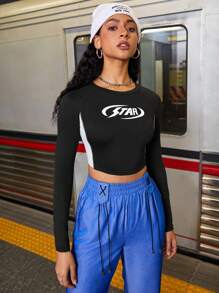 Street Sport Women'S Color Block Long Sleeve Athletic T-Shirt With Letter Print