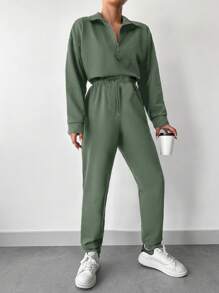 EURMUSE Women's Half Zipper Sweatshirt And Joggers Set - Army Green - View 3