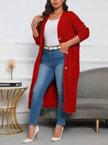 SHEIN LUNE Suéter En Cardigan Largo Para Mujer De Talla Grande Con Cierre De Botones Y Color Sólido - Rojo - Ver 4