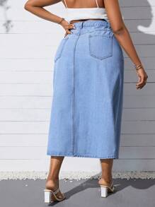 SHEIN SXY 女士大碼高開叉磨邊牛仔裙,無彈力 - 藍色 - 查看 2