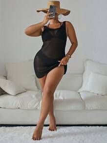 SHEIN Clasi Plus Size Backless Knitted Dress With Pearl Chain Decoration