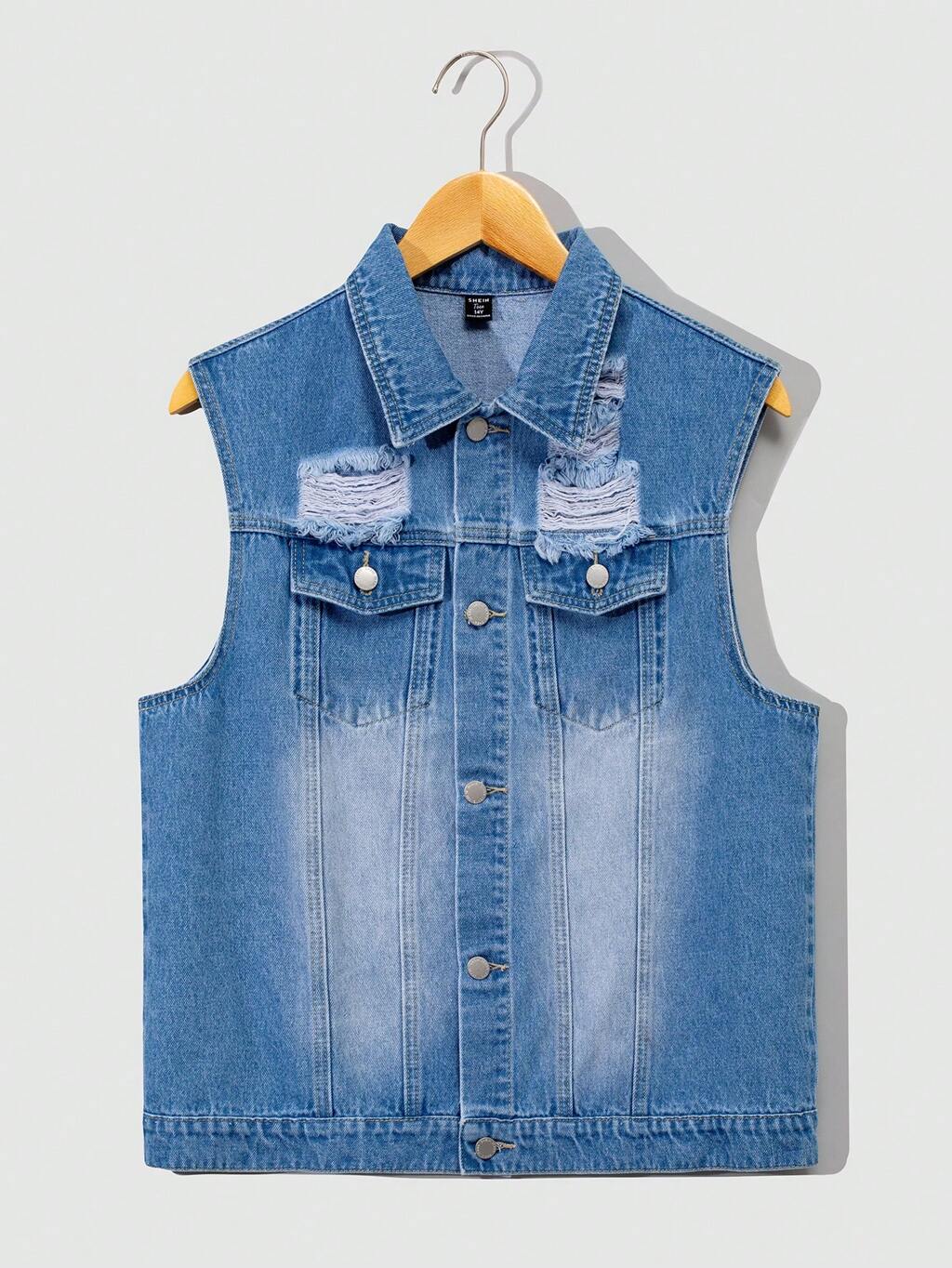 Teen Boys' Casual Washed Light Blue Distressed Denim Vest, Spring Summer