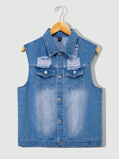 Teen Boys' Casual Washed Light Blue Distressed Denim Vest, Spring Summer