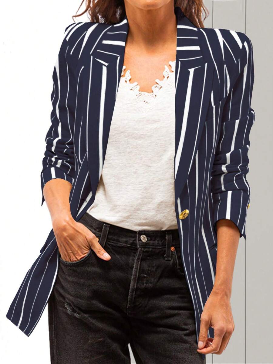 SHEIN Clasi Women'S Long-Sleeved Striped Blazer Jacket - Blue and White - View 1