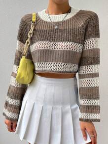 Flirla Women's Color Block Striped Round Neck Raglan Sleeve Casual Knit Pullover Fall Winter Sweater - Mocha Brown - View 4