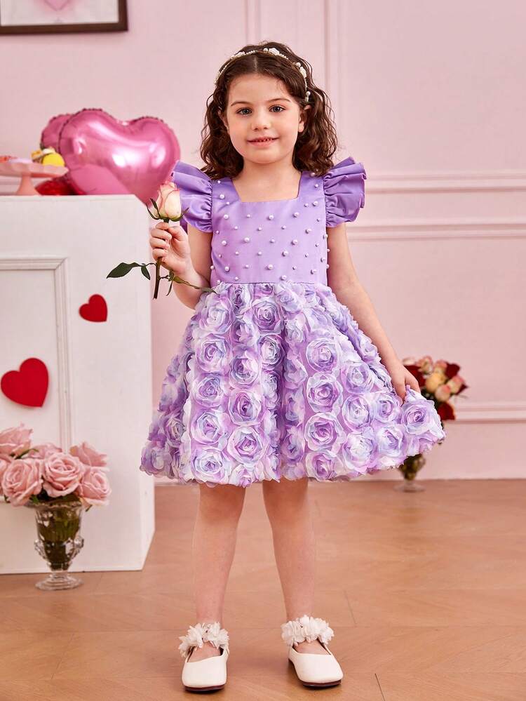 Young Girl Square Neck Short Sleeve Dress With Pearl Studs Beaded 3d Flowers