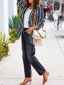 SHEIN Clasi Women'S Long-Sleeved Striped Blazer Jacket - Blue and White - View 3