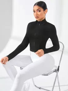 Activina Của phụ nữ Màu thuần Dây kéo mặt trước & Đứng cổ áo Thể thao Áo khoác - màu đen - Xem 3