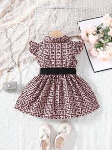 Baby Girls' Cap Sleeve Printed Dress With Belt 2pcs/Set - Multicolor - View 2