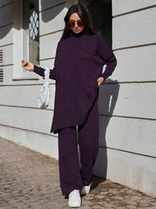 EURMUSE Women's Solid Color Batwing Sleeve Knitted Sweater Set (2 Pieces) - Violet Purple - View 5
