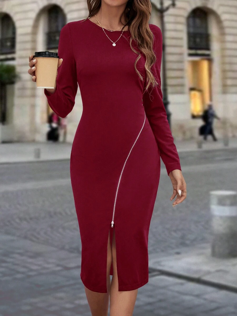 SHEIN Clasi 女士圓領拉鍊分裂修身連衣裙 - 酒紅色 - 查看 1
