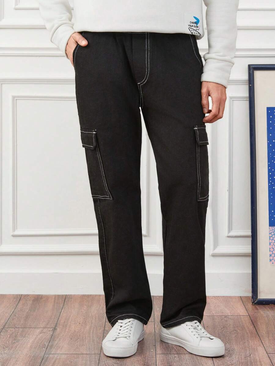 RueChic Nam Mũi chỉ tương phản Quần Cargo - màu đen - Xem 1
