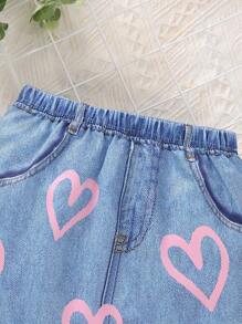 SHEIN Váy suông rộng cạp chun denim thời trang thường ngày cho bé gái trẻ mùa hè - Màu xanh lam - Xem 3