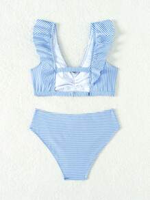 SHEIN Teen Girls' Striped Bikini Set With Ruffle Trim - Blue and White - View 2
