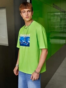 Manfinity VCAY Áo thun cổ tròn dệt kim in họa tiết rộng rãi cho nam - màu xanh lá - Xem 5