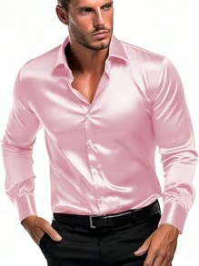 NITAGUT Men's Satin Solid Color Long Sleeve Dress Shirt, Fall - Pink - View 4