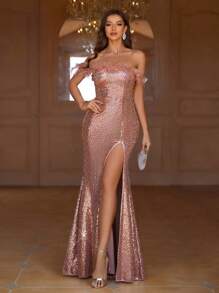 SHEIN Belle Của phụ nữ Một  vai High-Slit Vá lại Áo Vi mô Đuôi cá Đầm dạ hội - Hồng - Xem 2