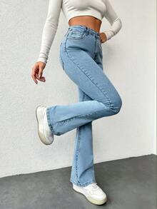 SHEIN Cottnline 女式喇叭牛仔褲 - 淺色水洗藍 - 查看 5