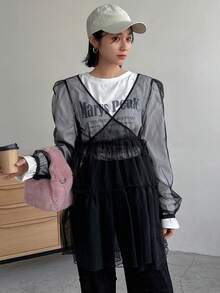 FRIFUL 女用荷葉邊下擺網眼上衣 - 黑色 - 查看 8