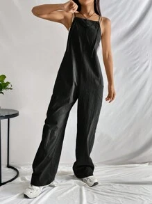 SHEIN EZwear 女式純色細肩寬腿連身褲 - 黑色 - 查看 5