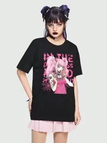 ROMWE Anime 人像圖案落肩T恤 - 黑色 - 查看 1