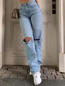 歐美風格休閒破壞直筒牛仔褲 - 中等水洗藍 - 查看 3